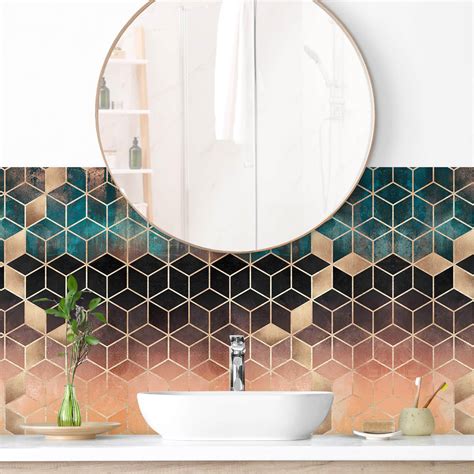 Panneau mural pour salle de bain - Turquoise rose géométrique doré II ...