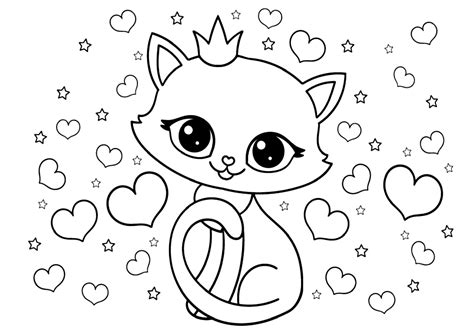 A cat princess surrounded by many hearts - Cat Coloring Pages
