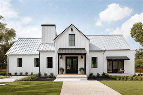 Modern farmhouse house exterior with metal roof white siding and black ...
