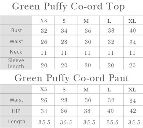 Green Puffy Co-ord Top and Pant Size Chart – Copyright, 2024 ...