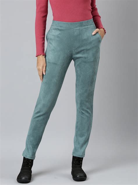 Women Solid Ocean Green Mid Rise Suede Treggings