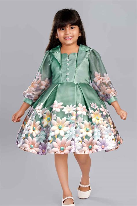 Olive Green Floral Printed And Floral Embellishment Frock For Girls ...