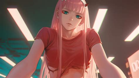 4k HD Wallpaper: Zero Two Kneeling Under Neon Light