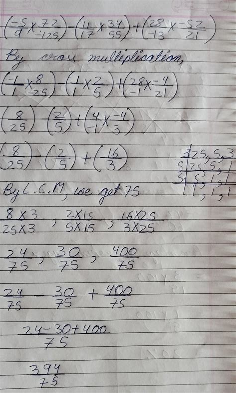 Simplify: (-5/9×72/-125) - (11/12×34/55) + (28/-13×-52/21) Reply The ...