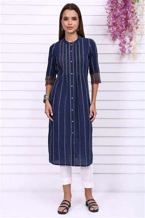 Buy Navy Blue Striped Printed Thread Embroidered Cotton Straight Kurta ...