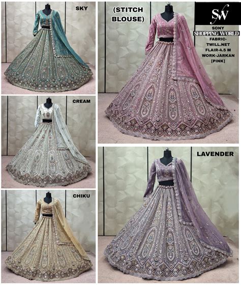 pink Sky Blue Cream Chiku Golden Lavendel Twill Net crop top Lehenga ...