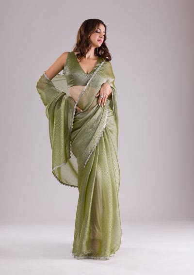 Buy Pista Green Stonework Organza Saree - Koskii