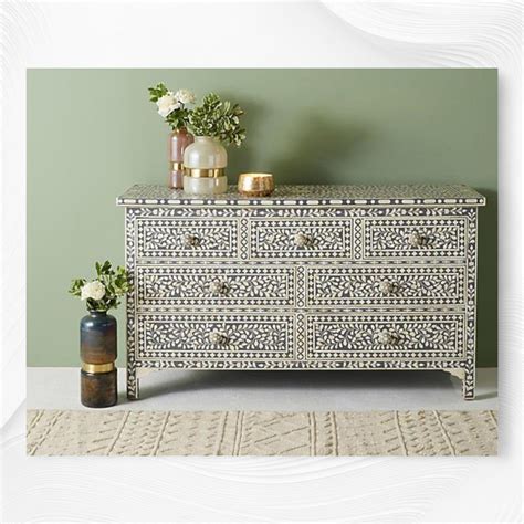Bone Inlay Floral Chest Of 7 Drawers Grey – Luxury Handicrafts