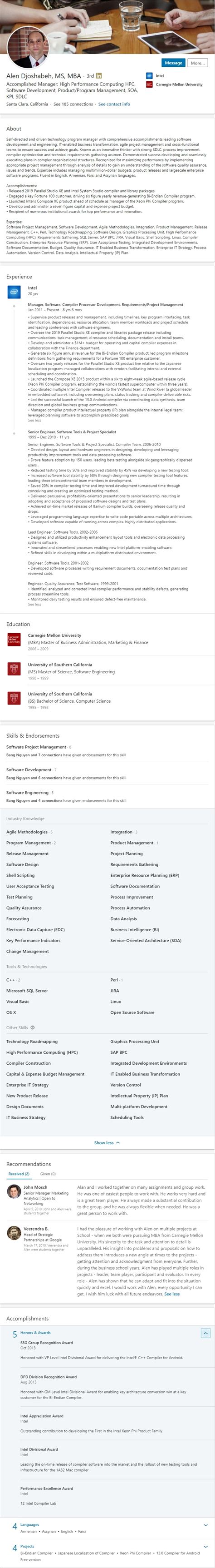 Image result for LinkedIn Profile Examples Computer Science