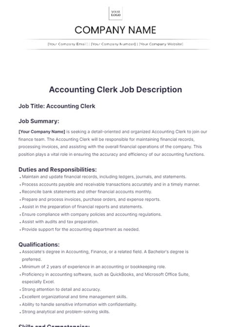 Free Accounting Clerk Job Description Template to Edit Online