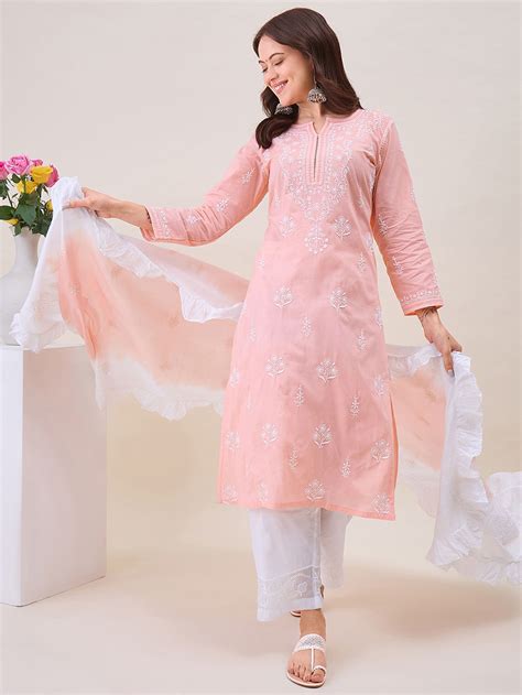 Peach White Chikankari Embroidered Cotton Mulmul Dupatta