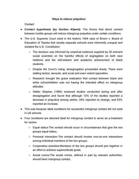 Unit 4 lec3 - notes from week 3 lectures - Ways to reduce prejudice ...