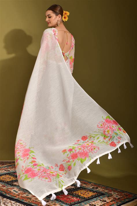 Buy Serenade White and Pink Digital Printed Linen Saree Online - MySilkLove