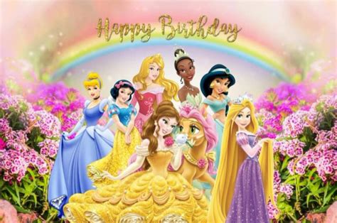 Buy Cartoon Princess Happy Birthday Background Colorful Rainbow Flowers ...