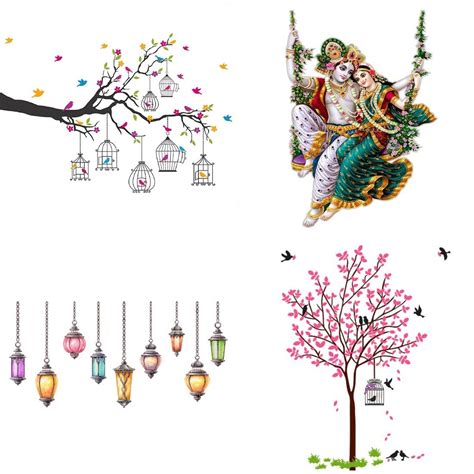 Ghar Kraft Set of 4 Combo Wall Stickers|Branches Flowers & BirdCages ...