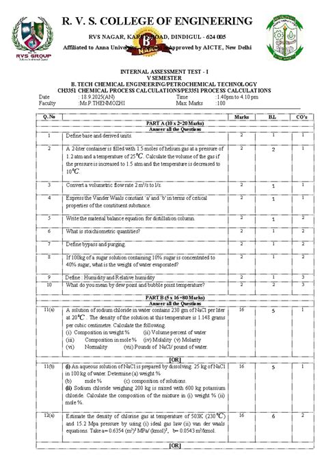 Internal Assessment Test I: CH3351 Process Calculations for B. Tech ...