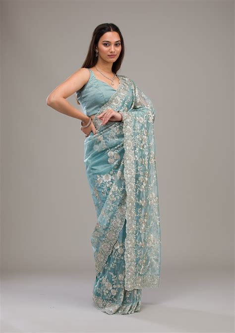 Buy Turquoise Blue Zariwork Tissue Saree - Koskii