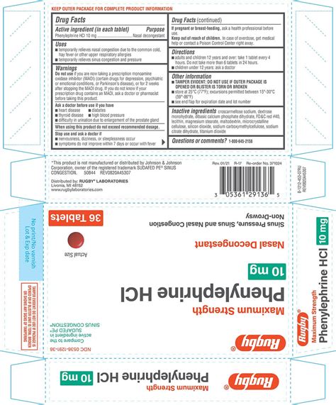 Rugby Maximum Strength Phenylephrine HCl 10 mg - 36 Tablets (Sudafed PE)