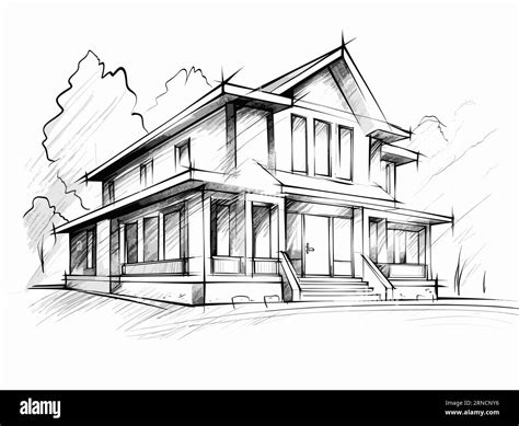 White Building Sketch Illustration In Black And White, In The Style Of ...