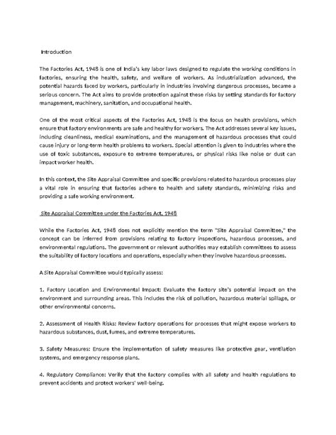 5. site appraisal committee - Introduction The Factories Act, 1948 is ...