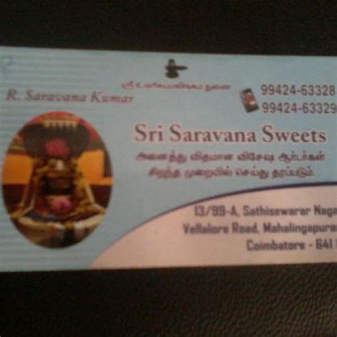 Menu at Sri Saravana Sweets, Coimbatore, bus stop