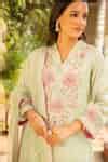 Buy Green Silk, Organza, Cotton Embroidery V-neck Manya Blossom Kurta ...