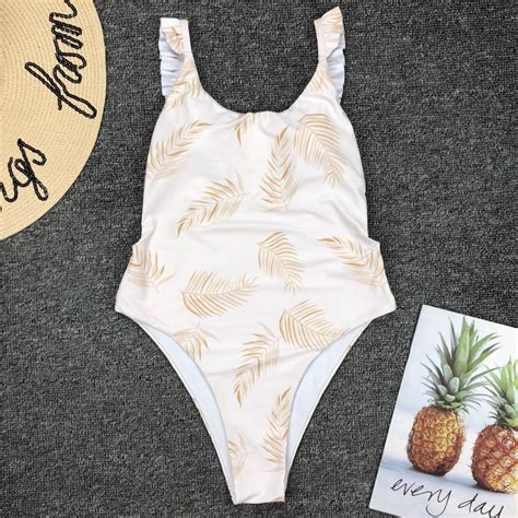 Leaf Print Sexy Backless Ruffled One-Piece Swimsuit on Luulla