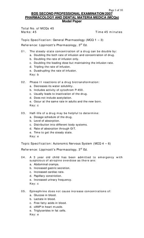 Pharmacology mcqs with answer - BDS SECOND PROFESSIONAL EXAMINATION ...