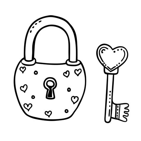 Hand drawn heart lock and key illustration with cute romantic elements ...