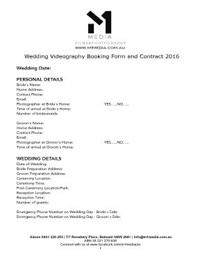 Wedding Videography Booking Form And Contract 2016 - Fill and Sign ...