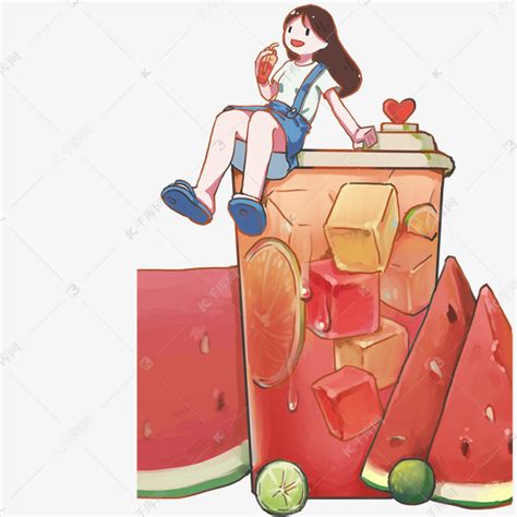 喝饮料的卡通女孩素材图片免费下载-千库网