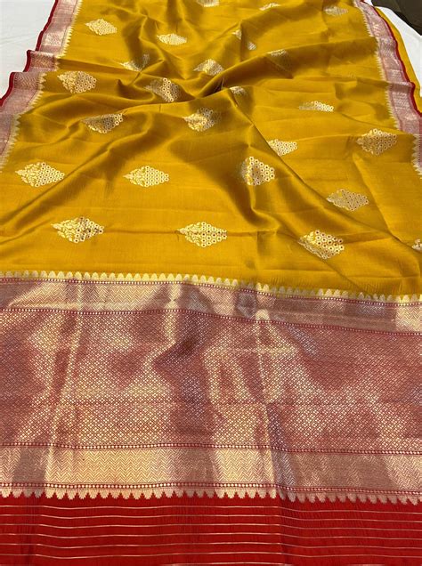 Mustard Yellow Pure Banarasi Handloom Silk Saree - Aura Benaras ...