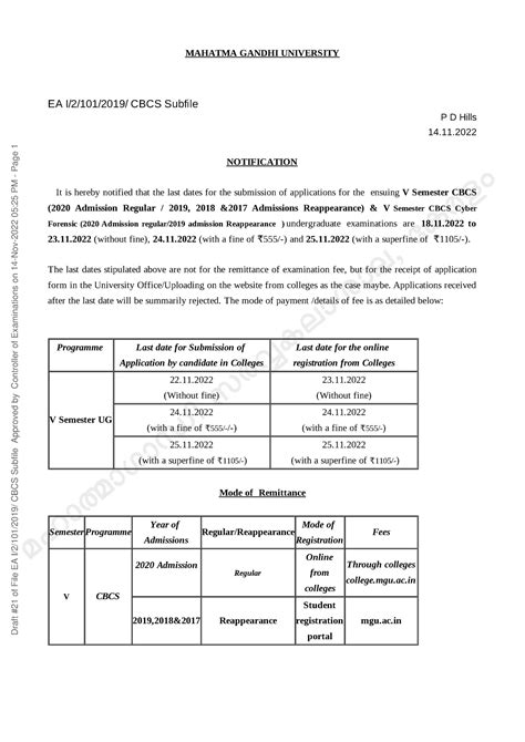 V Semester CBCS Fees Notification 2022 - MAHATMA GANDHI UNIVERSITY EA I ...