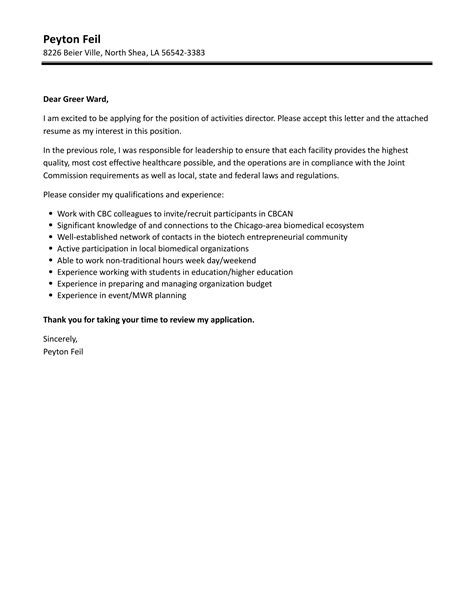 Activities Director Cover Letter | Velvet Jobs
