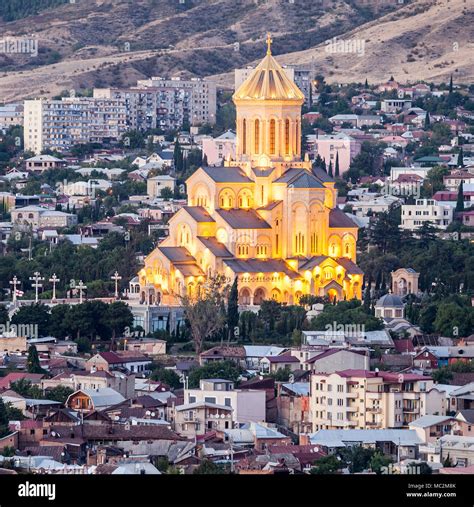 The Holy Trinity Cathedral of Tbilisi (Tsminda Sameba Church) at night in Tbilisi, capital of ...