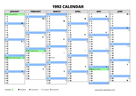 1992 calendar ≡ free-calendars.com