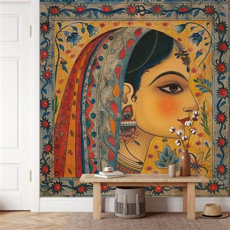 Maharani, Madhubani Art Painting of a Woman Mural Wallpaper - Magicdecor®