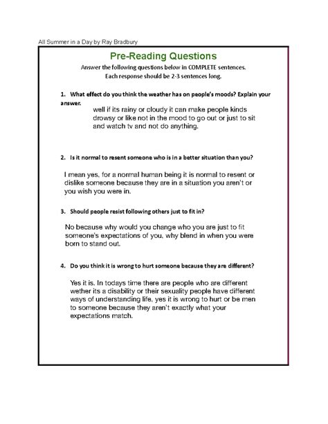 All Summer in a Day Worksheet - All Summer in a Day by Ray Bradbury Pre ...
