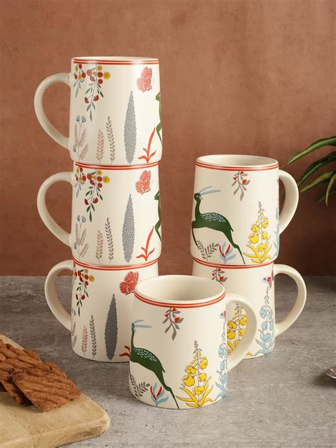 miah decor Ceramic Tea Coffee Cups Set of 6 Matte Printed Small Chai ...