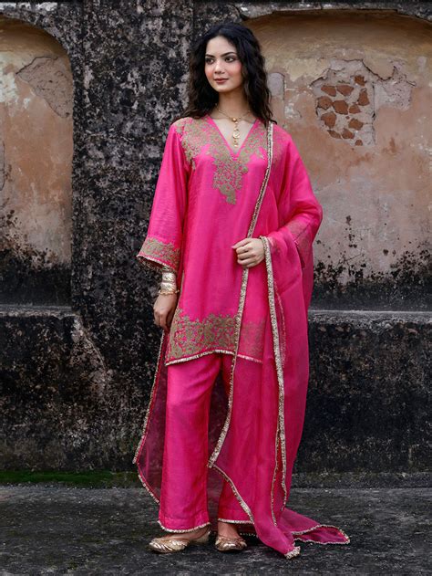 Green Dori Embroidered Raw Silk Kurta with Salwar- Set of 2