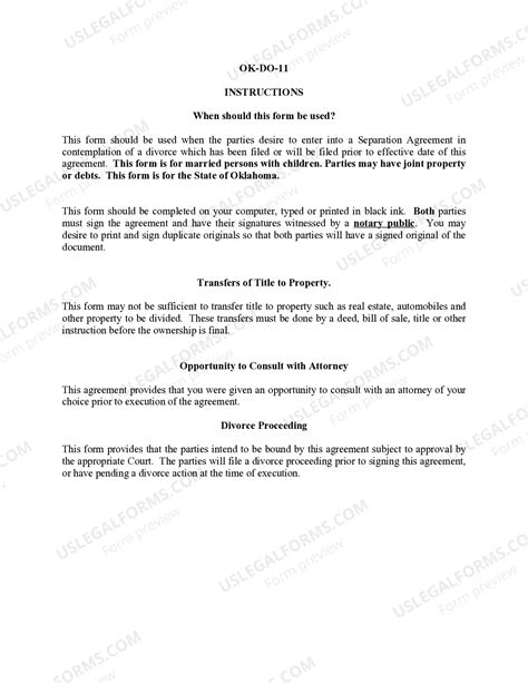 Oklahoma Marital Domestic Separation and Property Settlement Agreement ...