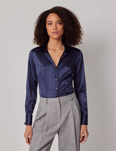 Women's Navy Fitted Satin Shirt - Double Cuff | Hawes & Curtis