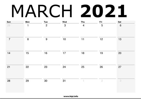 March 2021 Calendar Printable – Monthly Calendar Free Download - Hipi ...