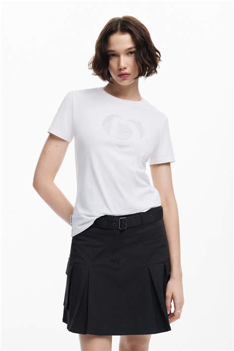 Desigual ladies white T-shirt with strass logo | Desigual