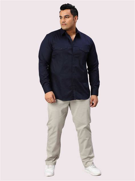 Buy Navy Blue Solid Pure Cotton Double Pocket Full Sleeve Shirt Men's ...