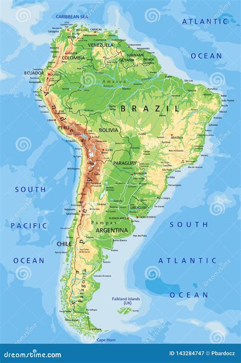 High Detailed South America Physical Map with Labeling. Stock Vector - Illustration of colombia ...