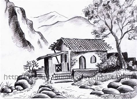 Stunning Landscape Drawing of a House with Mountains