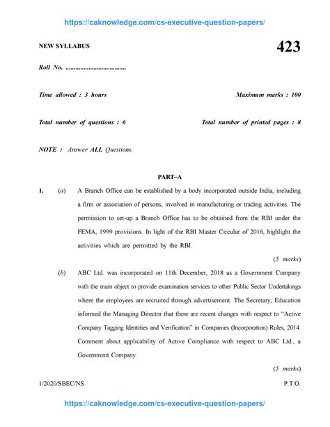 CS Executive SBEC Question Paper Dec 2020 - 1/2020/SBEC/NS P.T. 423 : 1 ...