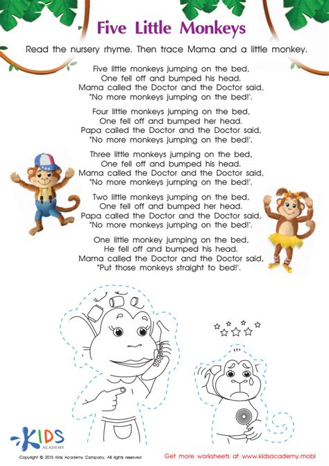 The Five Little Monkeys Nursery Rhyme Worksheet: Free Printable PDF for ...