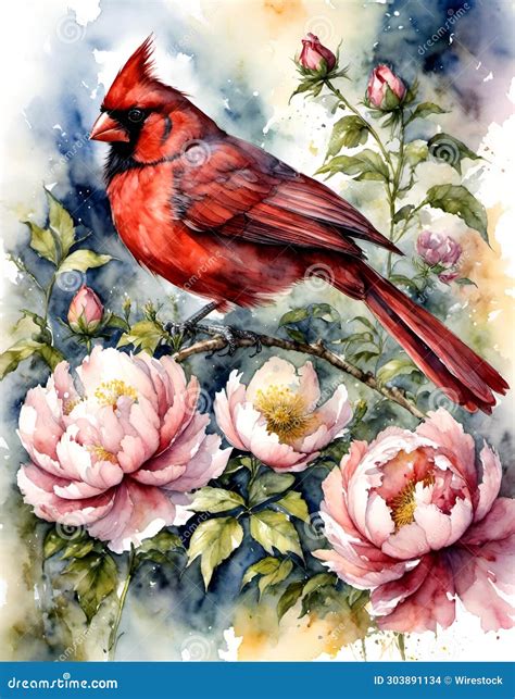Indiana State Bird the Cardinal and the State Flower the Peony Stock ...